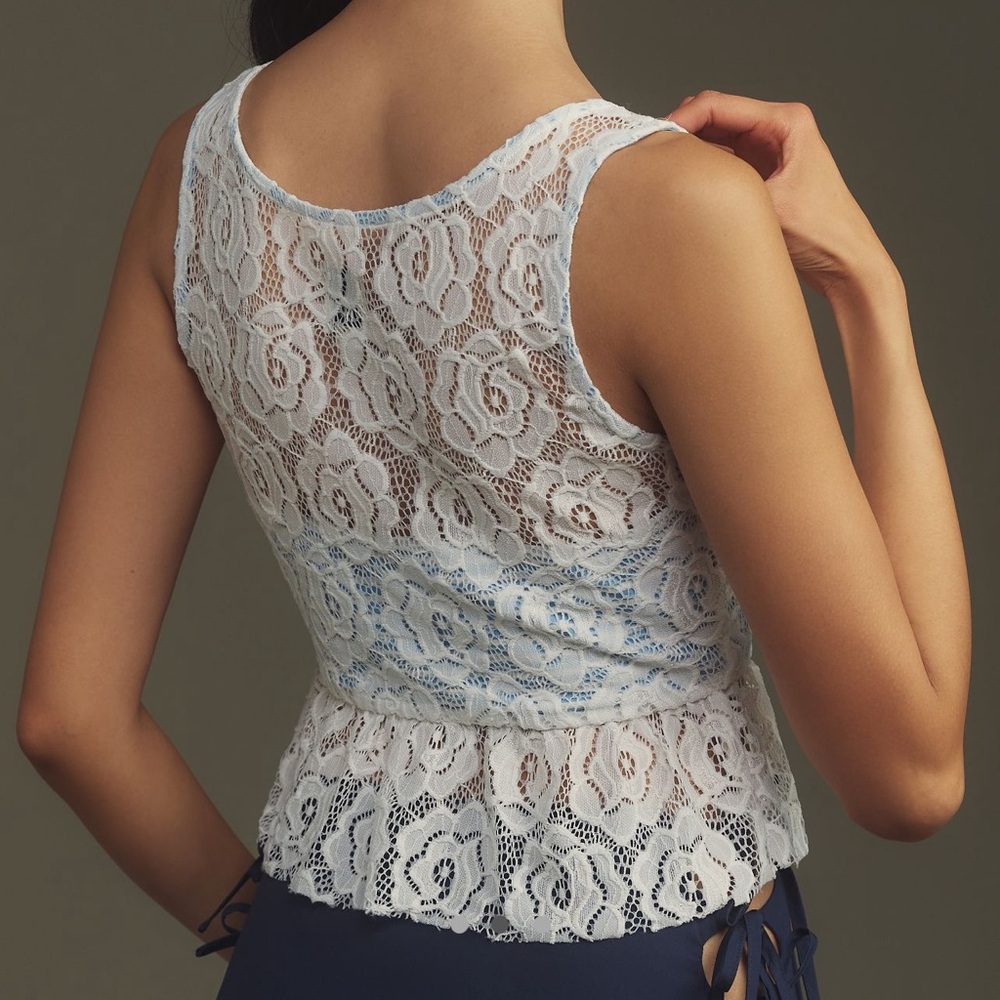 Anthropologie Maeve White Lace Peplum Crop Top with Light Blue Underlay - Picture 3 of 15